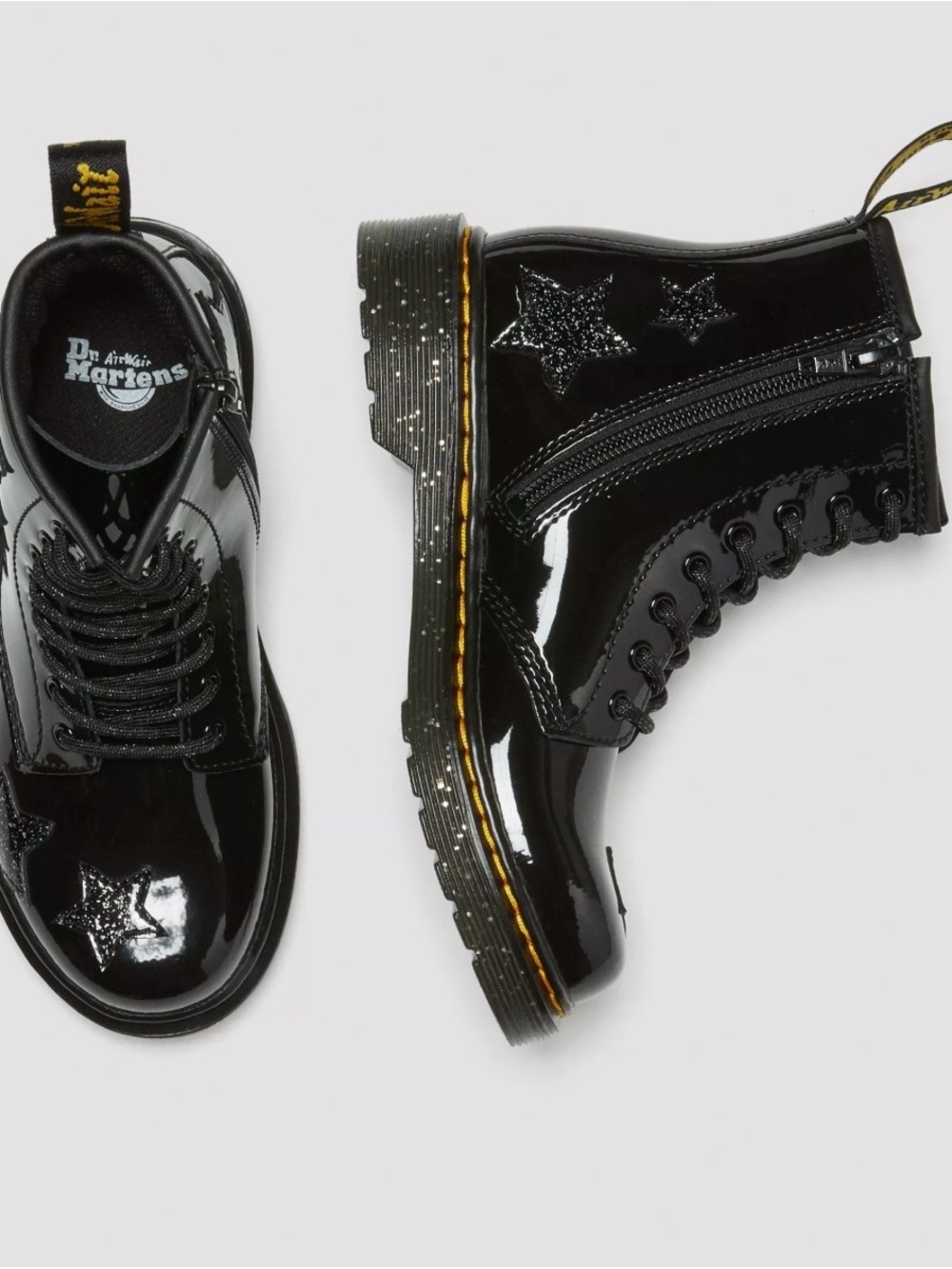 Dr. Martens Kids Black Patent Leather Star Zip Ankle Boots